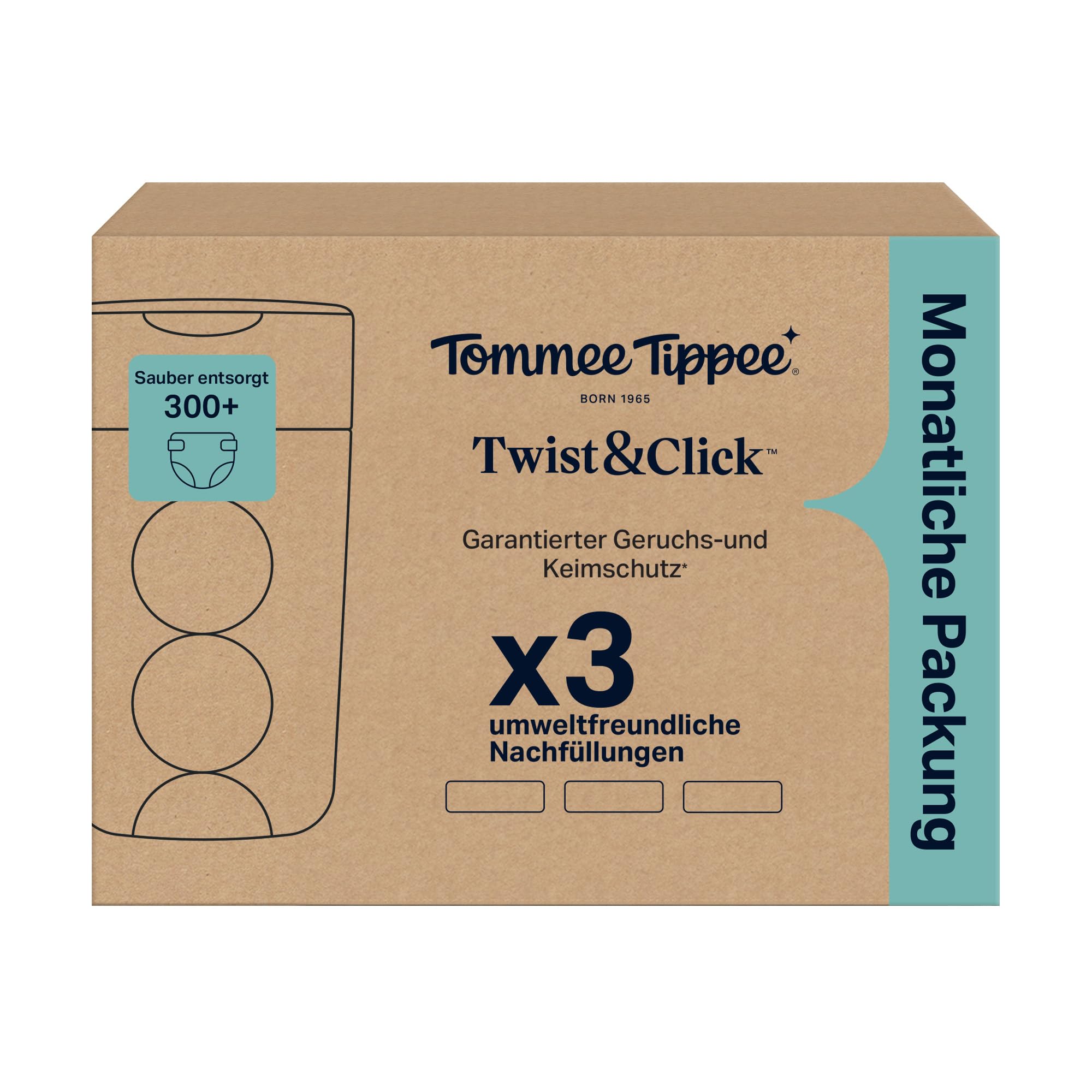 Tommee Tippee Twist & Click Nachfüllfolie für Windeleimer, 3er-Pack, je 10,5 m, mehrlagige antibakterielle* Folie, passend für Twist & Click Kassette, 3 x 10,5 m 2
