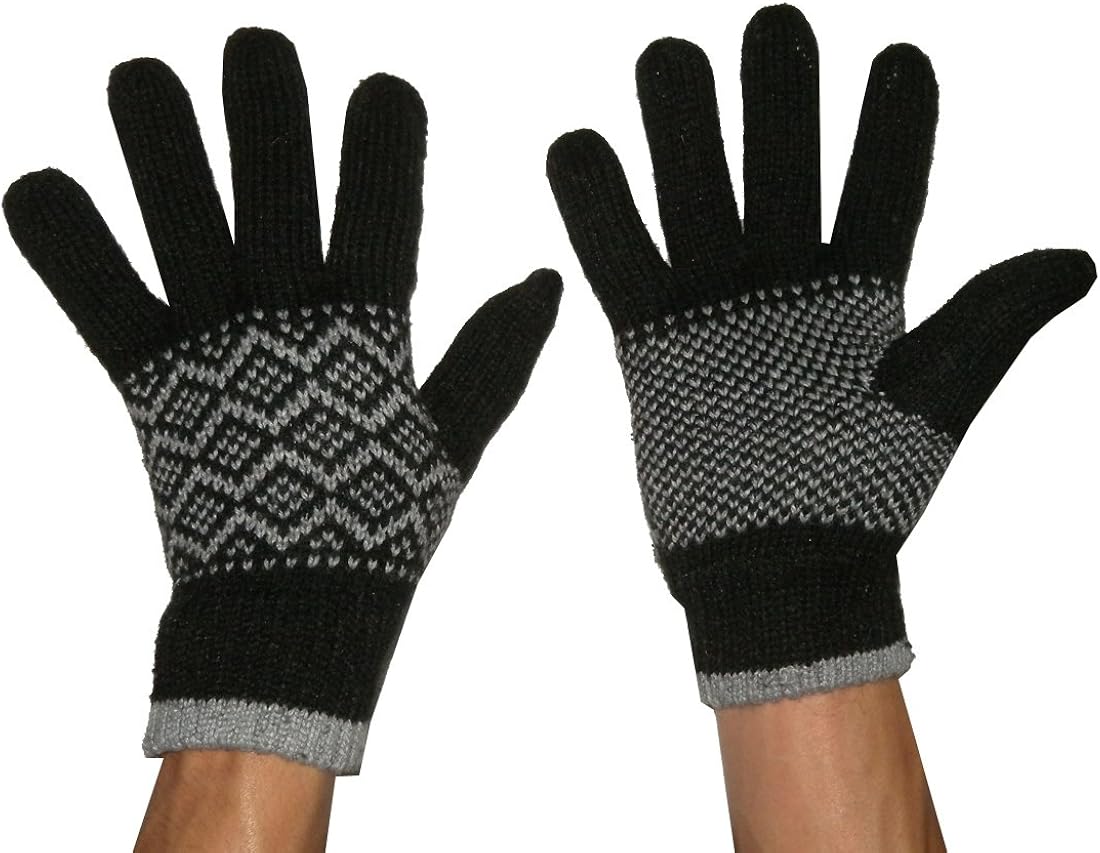 Mens Hand Made Ribbed Knitted Wool Thermal Insulated Winter Gloves