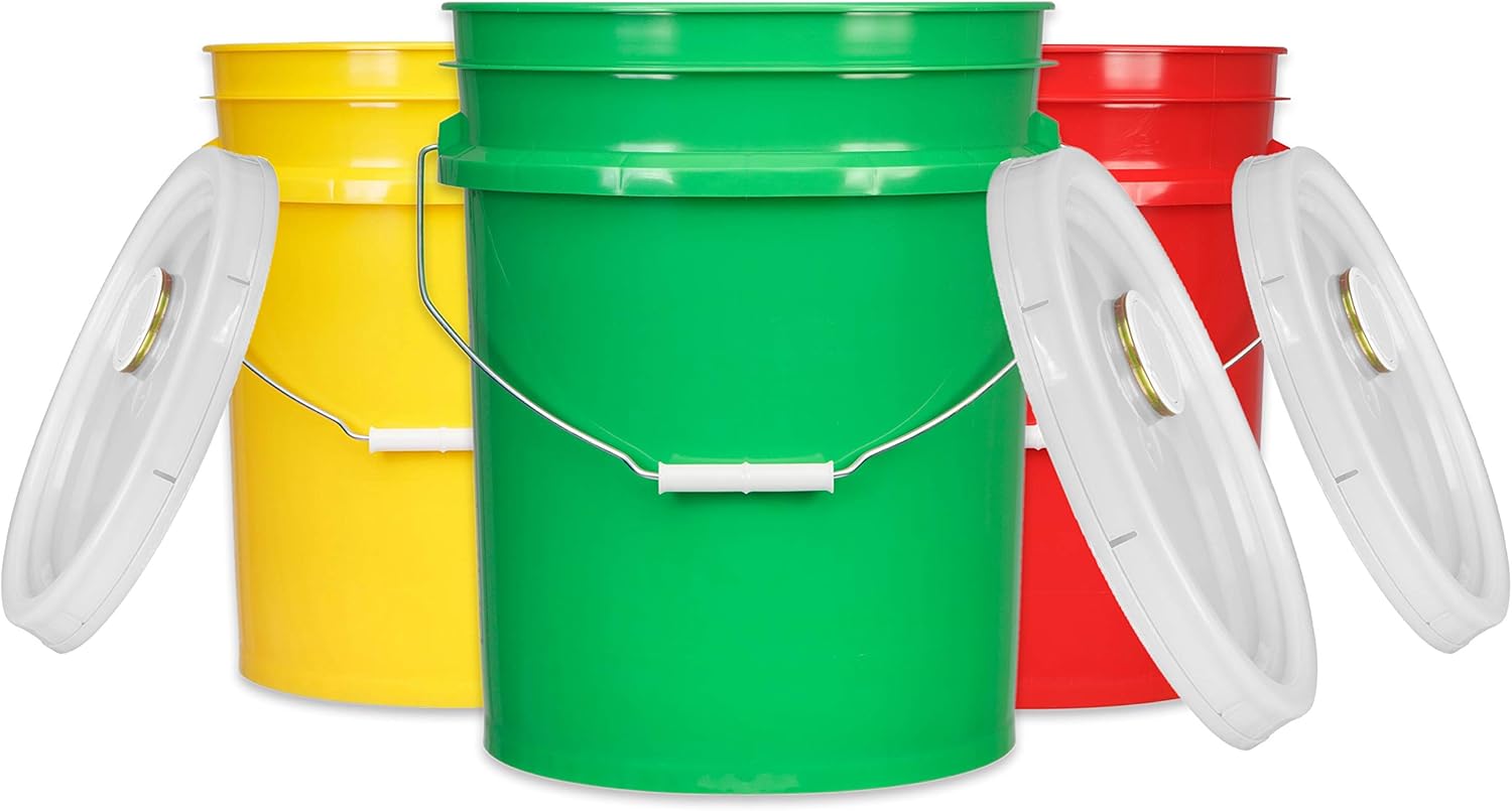 House Naturals 5 Gal Plastic Buckets Food Grade BPA Free pails with Gasket Lids - Pack of 3 - Made in USA - Yellow Green Red