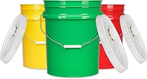 House Naturals 5 Gal Plastic Buckets Food Grade BPA Free pails with Gasket Lids - Pack of 3 - Made in USA - Yellow Green Red