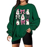 LUKYCILD Ghost Halloween Sweatshirt for Women Coquette Bow Pumpkin Graphic Tee Oversized Spooky Season Long Sleeve Shirt