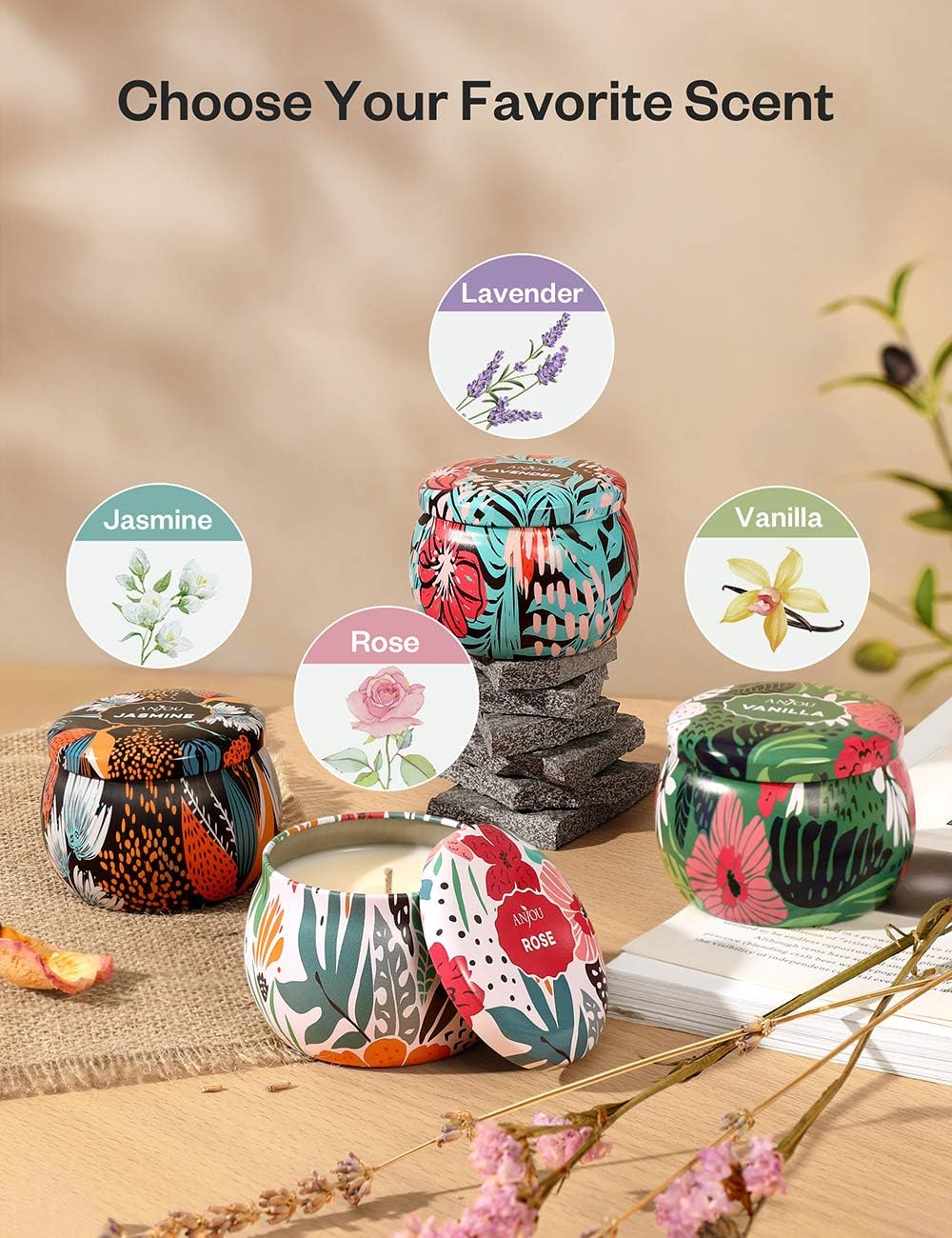 Scented Candles Gift Set, 4 Cans Made of 100% Natural Soy Wax with Essential Oils for Stress Relief, 4 Fragrances Use for Aromatherapy, Bath, Yoga, Perfect for Christmas, Birthday, Mother's Day: Home Improvement
