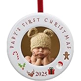 BANBERRY DESIGNS Baby's First Christmas Photo Ornament - 2025 - Picture Ornament for Newborns - 3.5" Dia - Hangs on Tree or Sits with Easel Back - Holds 2" Dia Photo