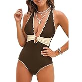 CUPSHE Women's One Piece Swimsuit Plunging V Neck Stitched Trim Bathing Suit Color Block O Ring Full Bum Coverage
