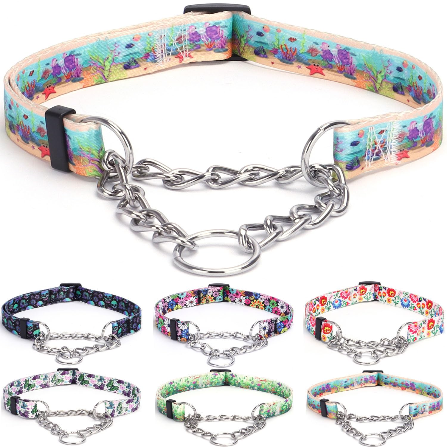 haoyueer Martingale Dog Collar - Stainless Steel Chain, No Pull Training Collar with Flower Design for Large Medium Small Dogs (S, Ocean)