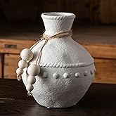 Mowtanco Rustic Ceramic Vase with Boho Wooden Beads, Matte Decorative Pottery for Modern Farmhouse and Bohemian Decor, Floral Arrangements, Living Room, Dining Table Centerpieces