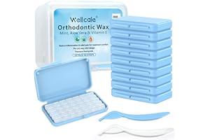 WELLCALE Braces Wax, Premium 50 Precut Orthodontic Wax Strips 350+ Dots, Blue Cases, w/Storage Box & 2 Applicator Tools, Food-Grade Dental Wax for Braces - Stick Better (Mint+Aloe Vera +Vitamin E)