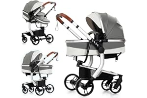 SUTTONBEBE PU Leather 2 in 1 Baby Stroller with Bassinet Reversible Portable Standard Baby Stroller Convertible Pushchair Infant Buggy Baby Carriage Foldable High Landscape Pram Toddler Newborn (2US518-Grey)