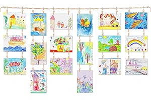 CollectHall Art Display for Kids Artwork, Wooden Beads Garland Holder with 36 Clips for Kids Artwork Display, Photo, Boho Wall Art, Kids Room Decor