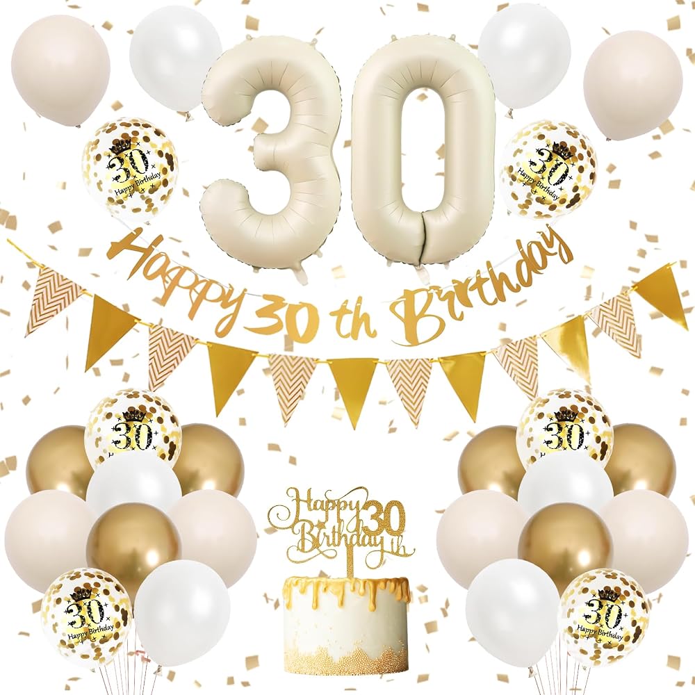 Adorely 21st Birthday Decorations White Gold Banner & Balloons Set