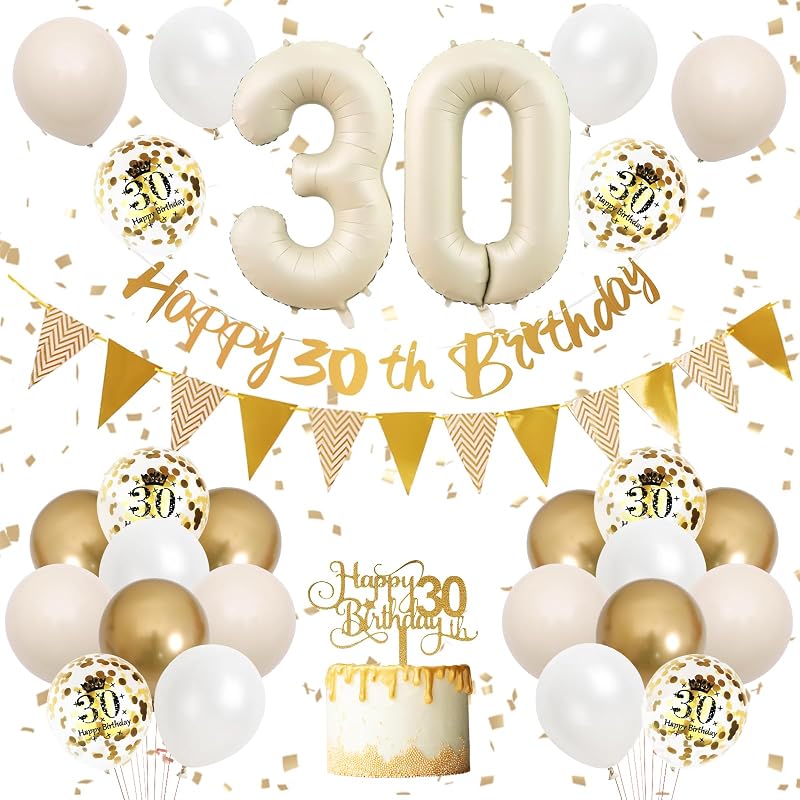 Adorely 21st Birthday Decorations White Gold Banner & Balloons Set
