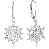 Oskani 925 Sterling Silver Snowflake Earrings for Women Christmas Birthstone(White/Aquamarine/Sapphire/Pink) Leverback Earrings Cubic Zirconia Dangle Drop Earrings Winter Jewelry