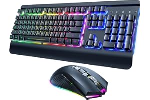 RisoPhy Wireless Gaming Keyboard and Mouse Combo, Metal Panel, 7 Color Backlits, Rechargeable 3200 mAh Battery, Wrist Rest, Sleep Mode, Light Up Keyboard + 7D 3200DPI Gaming Mice for PC Gamer