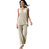 Famulily Womens 2 Piece Crochet Knit Outfits Summer Hollow Out Cover Up Sets Sleeveless Deep V Neck Top and Wide Leg Pants