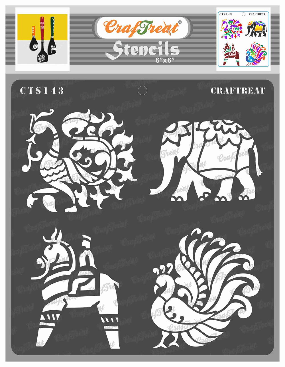 CrafTreat Indian Motif Stencils for Painting on Wood, Wall, Tile, Canvas, Paper, Fabric and Floor - Indian Motifs 2-6x6 Inches - Reusable DIY Art and Craft Stencils - Indian Stencil