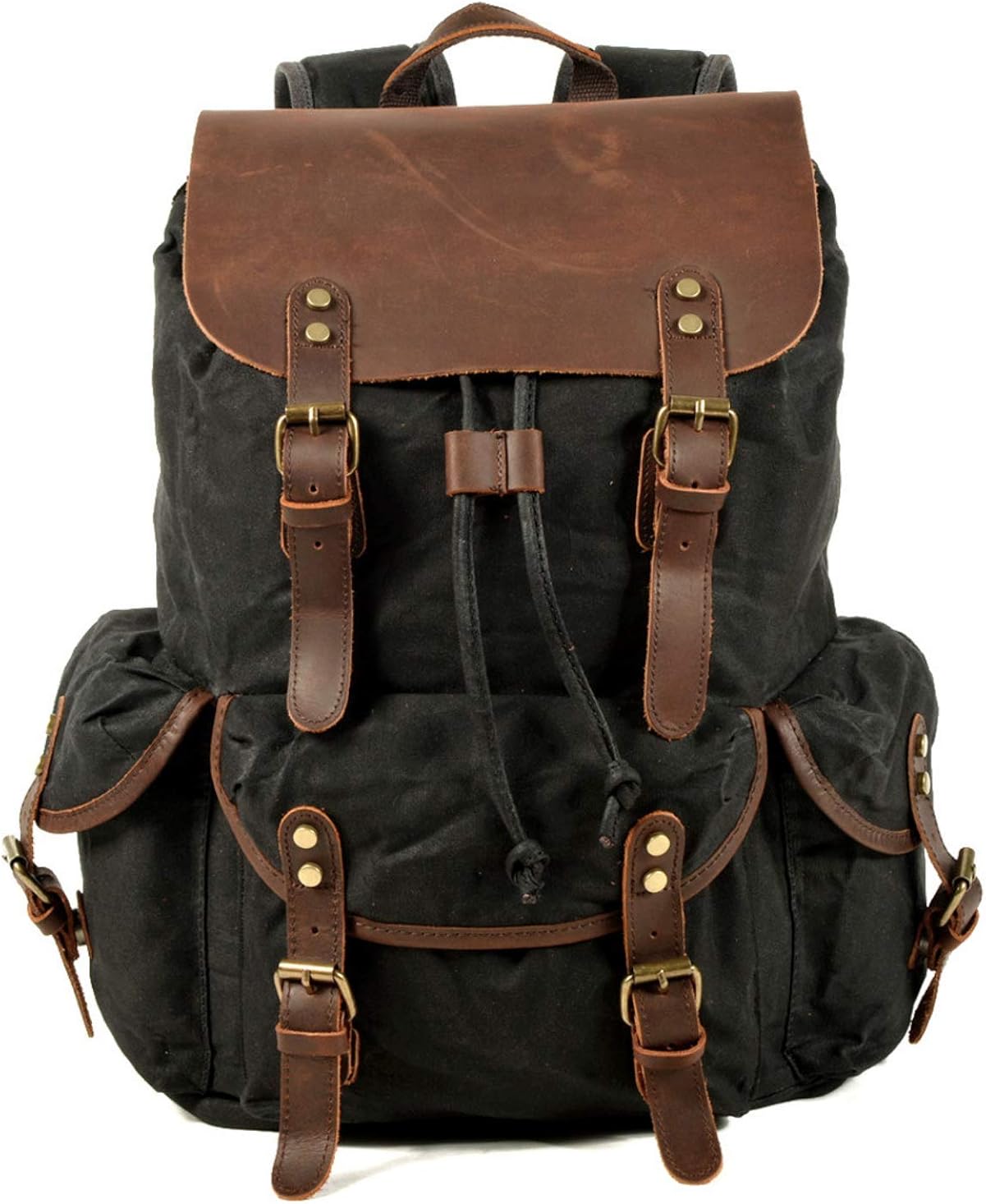 HuaChen Canvas Leather Backpack for Men Women,Vintage Travel Waxed Rucksack,Large Daypack for Laptop School Bag