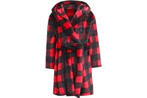E.W Apparel Boys Fleece Robe Girls Hooded Bathrobe Toddlers Soft Fuzzy Robe for Kids(Red Plaid,13-14 Years)