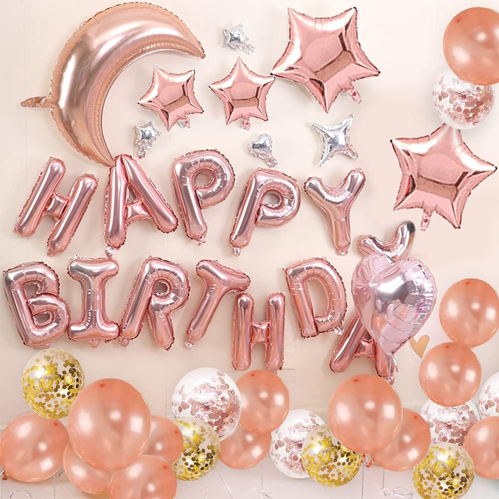 Kalyerparty Rose Gold Happy Birthday Balloons, 50 Pack Rose Gold Confetti Balloons with Happy Birthday Foil Balloons for Birthday Wedding Bridal Engagement Party Decorations: Toys & Games