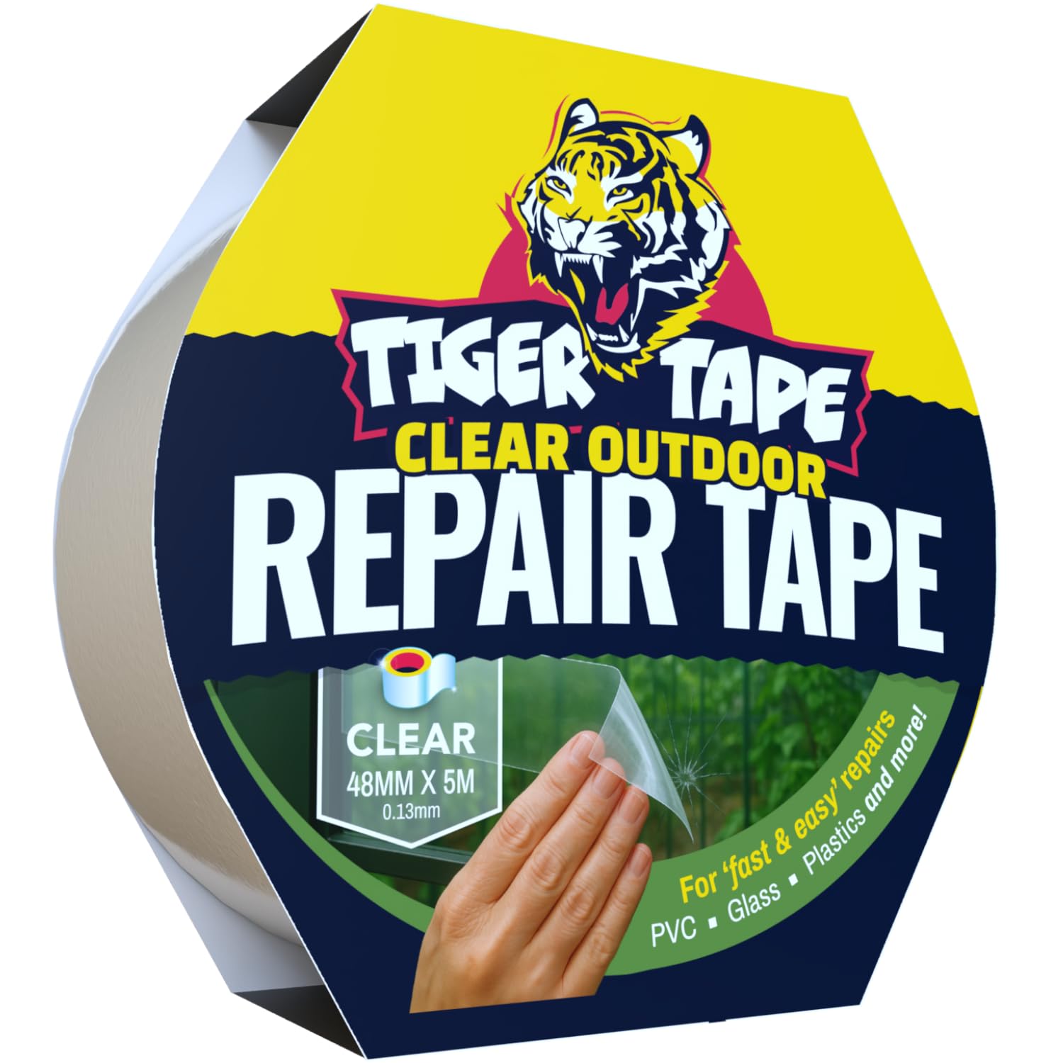 Tiger Tape® Clear Waterproof Repair Tape – Transparent Outdoor Tape for Greenhouse, Tents, Automotives, Glass & Plastic Repairs – Strong Weatherproof Patch Tape – 48mm x 5m