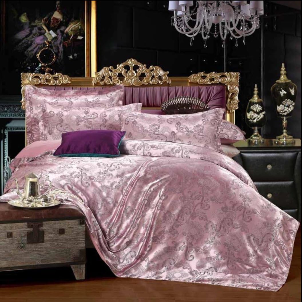 Pink Silk Tencel satin Jacquard bed linen bedding set King size 4 pcs Luxury and Noble High Quality no.3
