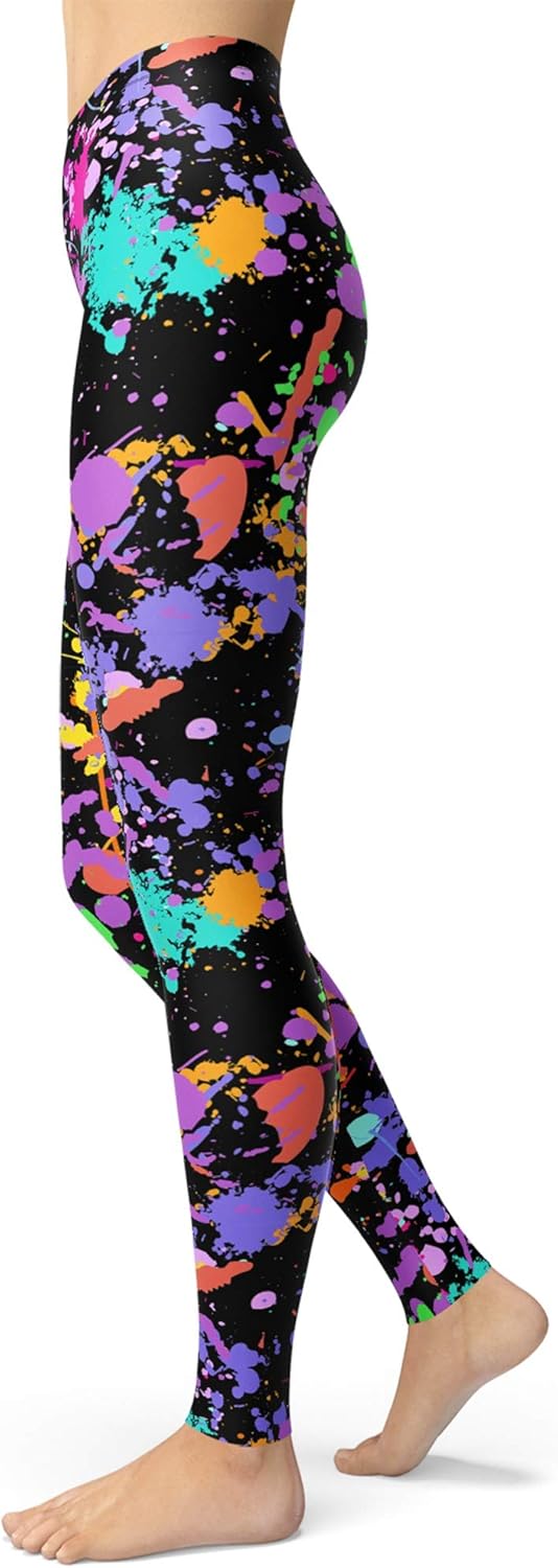 sissycos Women's Artistic Splash Printed 80s Leggings Brushed Buttery Soft Pants Regular and Plus Size: Clothing