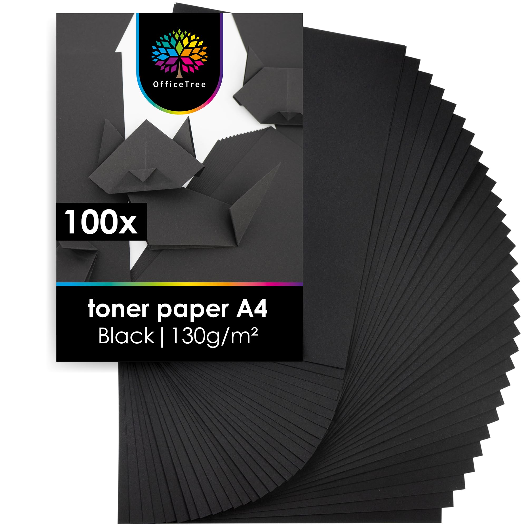 OfficeTree 100 x Coloured Paper Black A4 130 g - Black Coloured Paper A4 - Craft Paper - Coloured Drawing Paper for Crafts & Painting & Printing