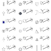 NICEIGHT 18Pairs 20G 316L Stainless Steel Threadless Push in Stud Earrings for Women Men Flat Back Cartilage Stud Earring Helix Tragus Stud CZ Heart Moon Star Ear Stud Piercing Jewelry