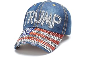 Gamusi Trump 2024 Baseball Cap Denim Distressed Bling Rhinestone Hat USA Flag Cap Adjustable Unisex