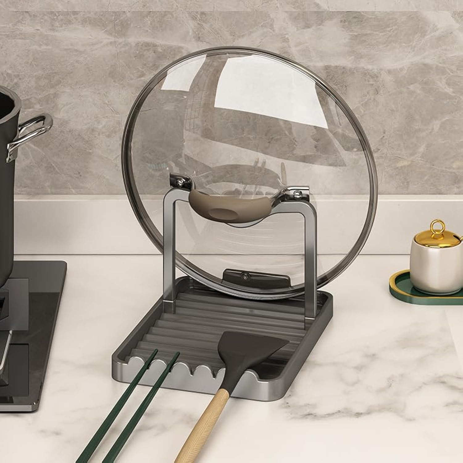 STARRY G Cooking Spoon Rest with Lid Holder, Kitchen Utensil Rest with Drip Pad, Heat-Resistant Pot Lid Stand Holder, Countertop Organiser Rack for Ladles, Tongs, Spatula, Simple Flatware Rack - G