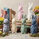 Lanpn 6PCS Flocked Bunny Easter Decorations with Bow Ties, Morandi Color Rabbit Figurines for Easter Centerpieces, Spring Tabletop & Shelf Decor, Seasonal Gift