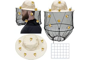 DTESL 47 Pcs Beekeeper Set,Including 2 Pcs Bee Hat and Veil, 15 Pcs Hairball Bee and 30 Pcs Round Double Sided Tape,Beekeeping Helmet Hats with Netting,for Bee Keeper Halloween Costume (Set - A)