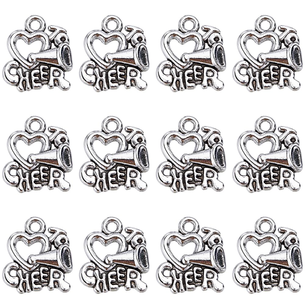 SUNNYCLUE 1 BOX 60PCS Silver Cheer Charms Cheer Megaphone Charm Cheerleader Heart Antique Alloy Love Loudspeaker Sport Charm Bulk for jewellery Making Charms Diy Earrings Bracelet Necklace Craft