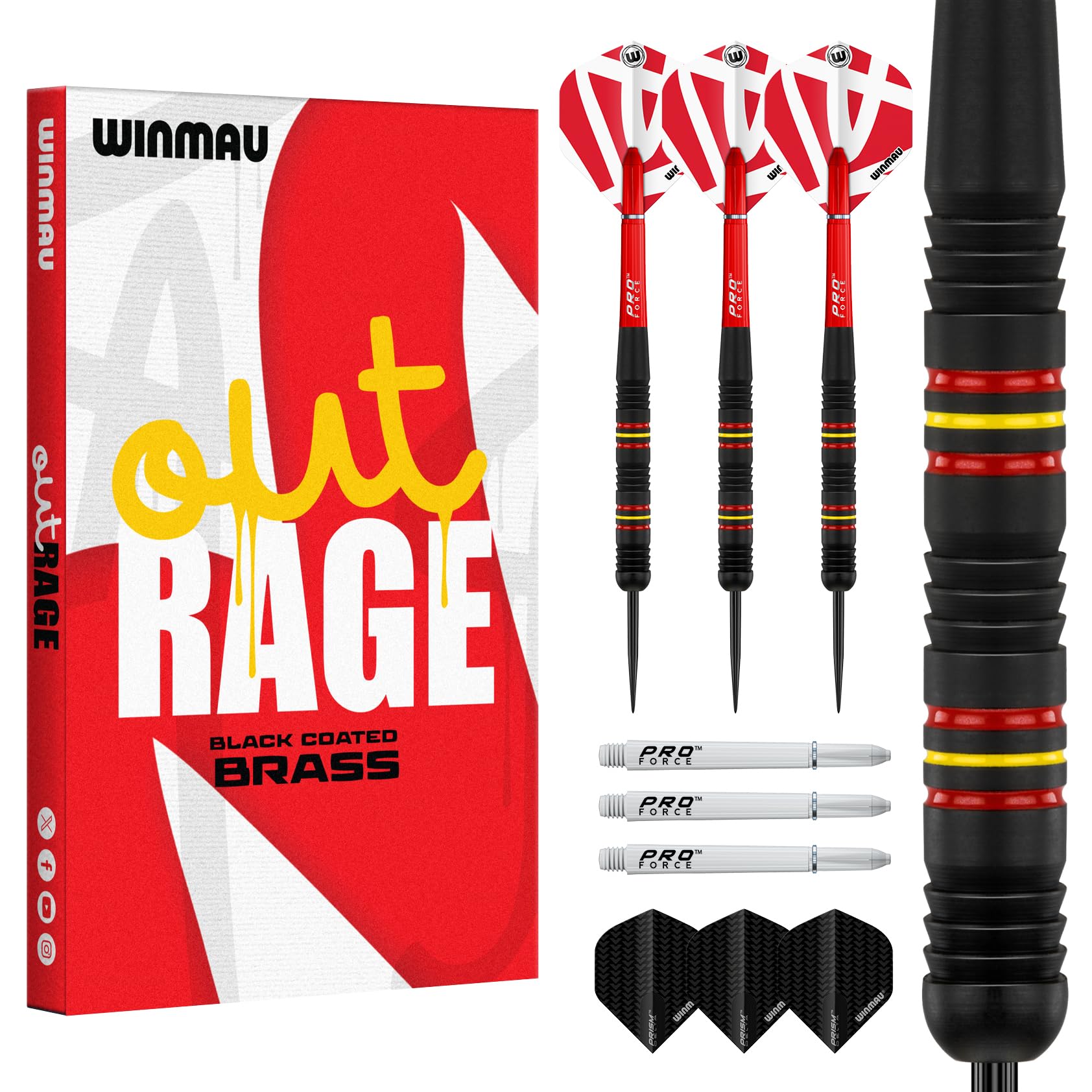 WINMAU Outrage 23 gram Brass Darts Set with Prism Flights and Shafts (Stems)