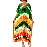 Chunoy Women Multicolor Tie Dyed Kaftan V Neck Casual Bathing Suit Kimono Sleeve Side Split Beach Cover Up Caftan Dress
