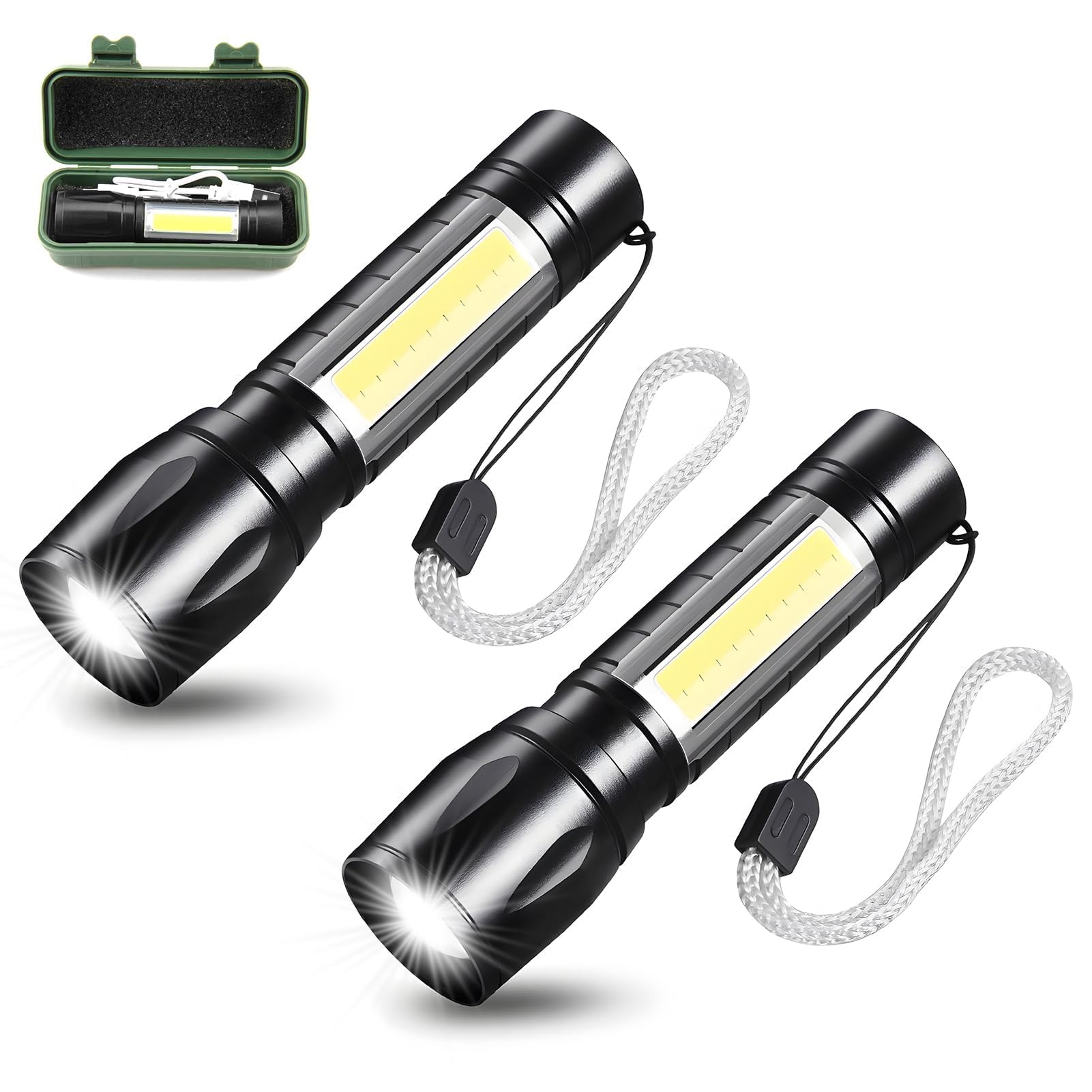 Raykce 2 Pcs Rechargeable Small LED Torch, Adjustable Focus with 3 Lighting Modes - 350 Lumens 3. 7V-4.2V Voltage Waterproof Flashlight Torch, for Camping Hiking Outdoor Emergency