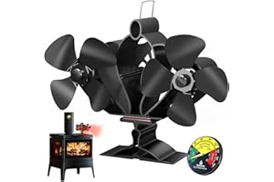 Ourhom Wood Stove Fan, Fireplace Fan with Magnetic Thermometer & Bracket, 8 Blades Heat Powered Fan, Silent Motors, Horizontal Air Flow for Wood/Pellet Fireplaces (Black-Fan+Thermometer)