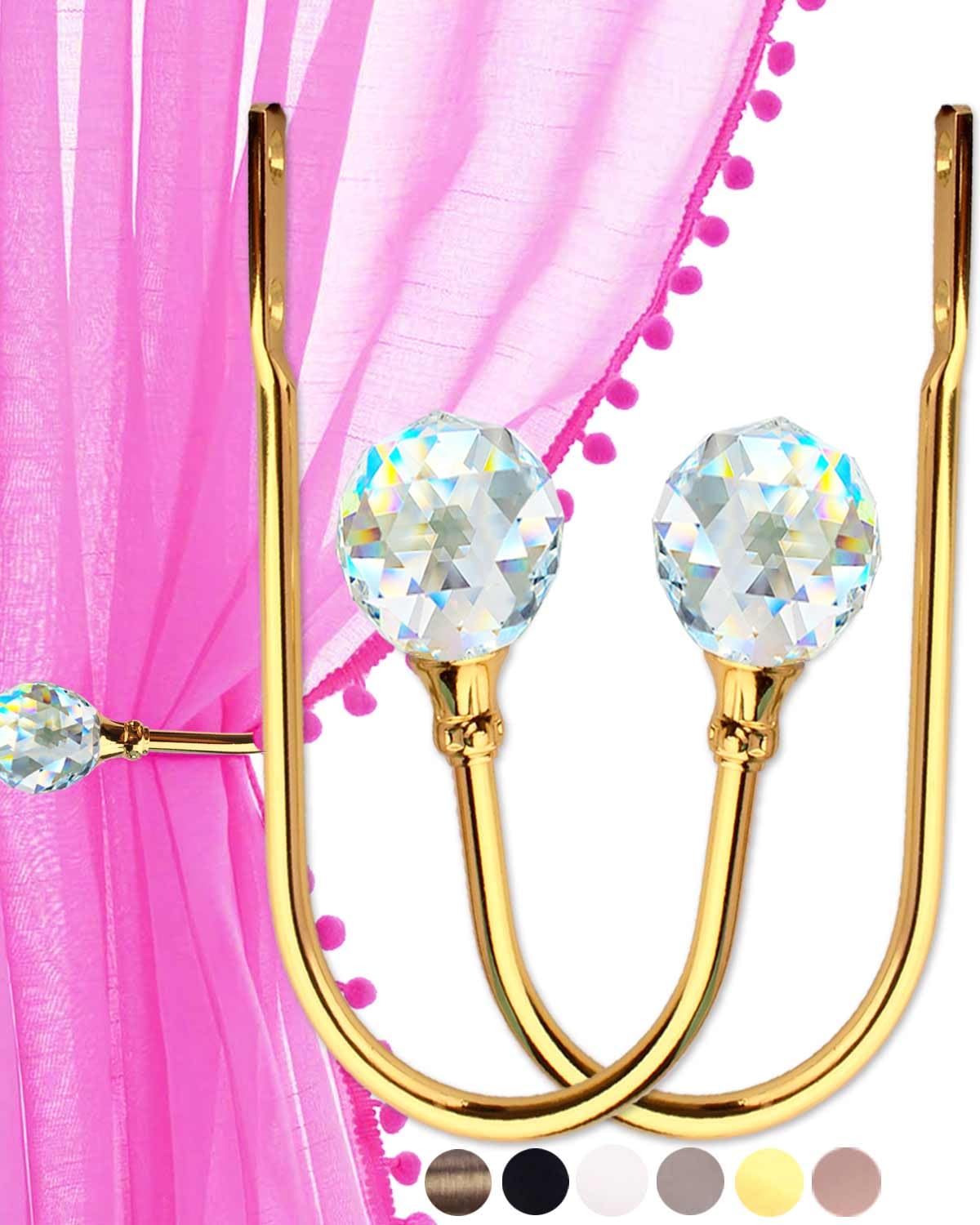 Gold Crystal Curtain Tiebacks Hooks - Elegant Prisms Holdbacks, Decorative Holders Rings for Wall, Tie Backs for Pull Backs, Accessories 2 Pack