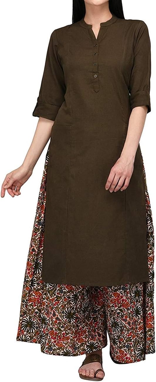 Women's Pure Cotton Plain Tunic Top 3/4 Sleeves Roll-up Button Neck with Pocket Long Kurti Kurta