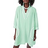 Ailoqing Swimsuit Coverup Womens V Neck 3/4 Sleeve Casual Shirt Dress with Pockets