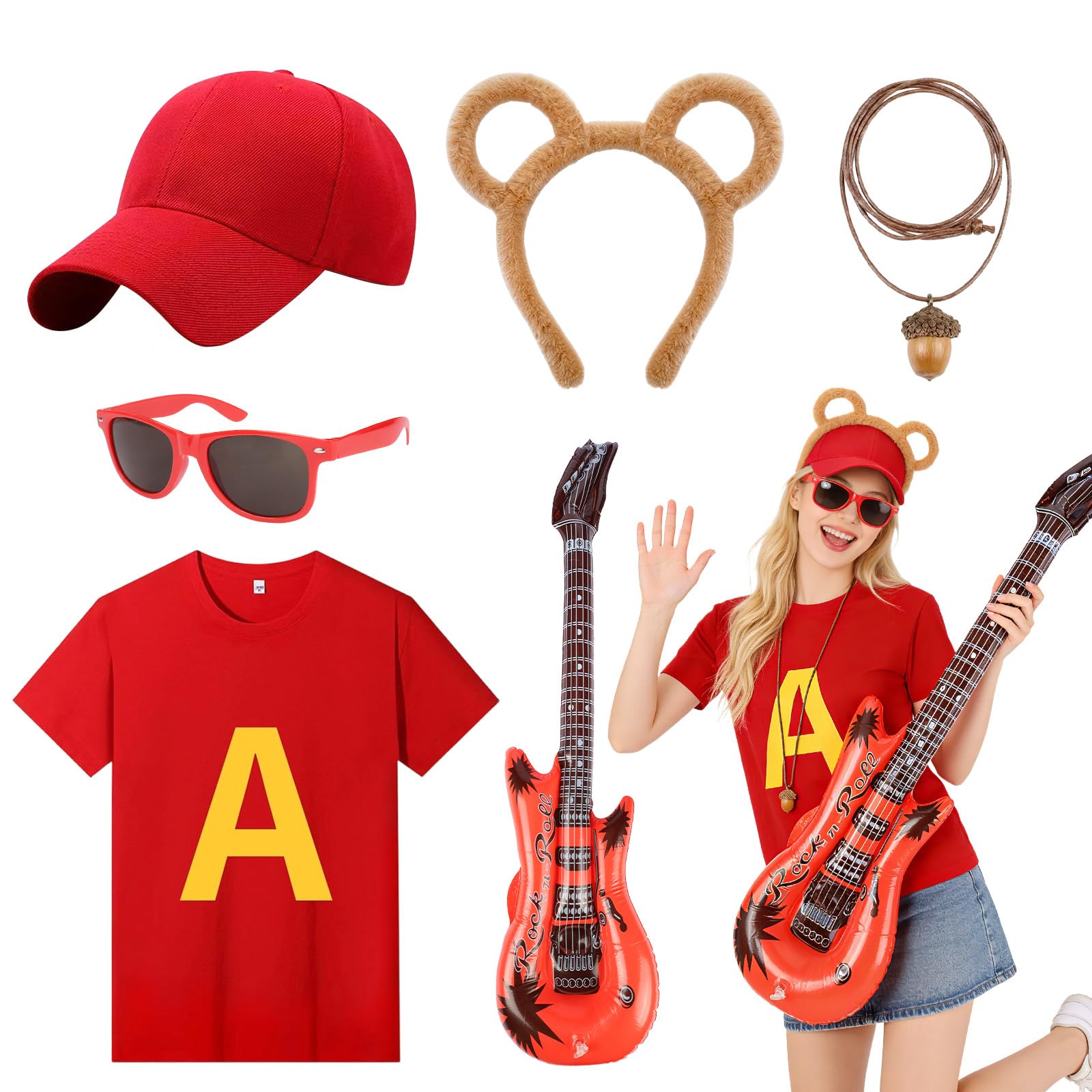 6Pcs Chipmunks Costume Set for Adults, Chipmunk Fancy Dress Set with T-Shirt Baseball Cap Chipmunk Ears Headband Glasses Acorn Necklace Inflatable Guitar for World Book Day, Halloween, Cosplay Party