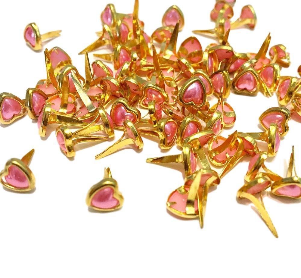 Syntego Mini Heart Brads for Crafts & Scrapbooking Gold with Rose Pink Pearl Center Brads 6mm Pack of 100