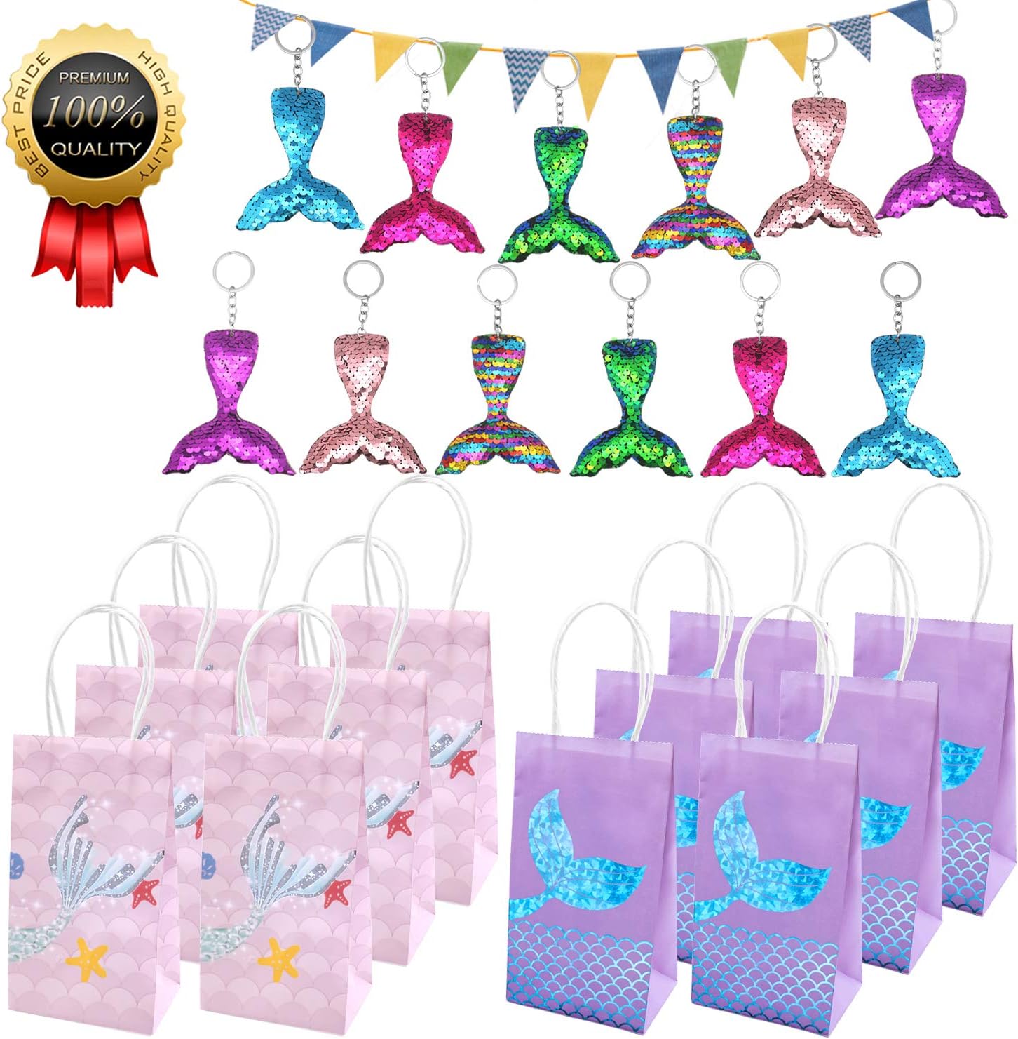 Mermaid Party Favor, 24 Pack Reversible Sequins Mermaid Tail Keychains Glitter Mermaid Party Bags Mermaid Gift Bags for Kids Girls Mermaid Themed Party Supplies