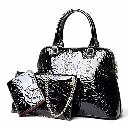 GQFGYYL Frauen - Lack Haut Drei stücke von Mutter - Tüte, Eleganten Leder Handtasche, einheitlichen Schulter ranzen,Schwarz