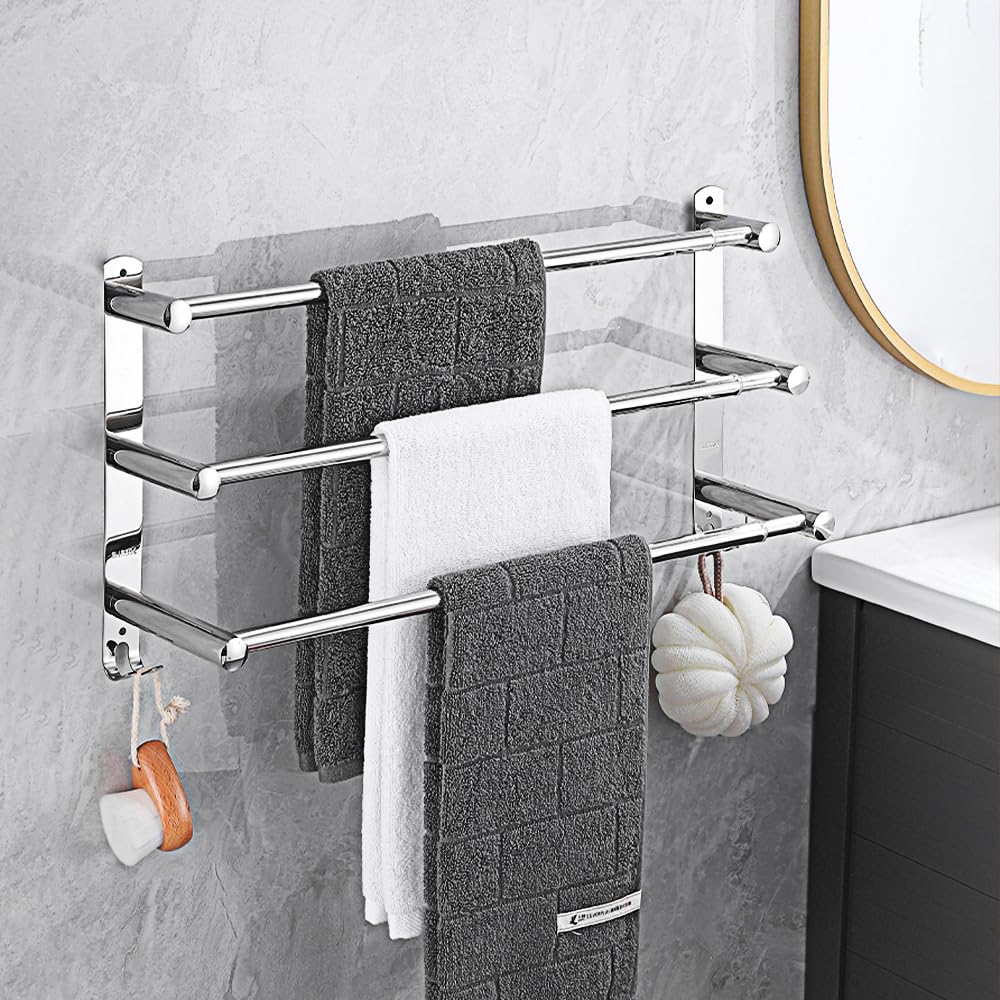 HONPHIER Adjustable Towel Rails 43-78CM Bath Towel Racks Stainless Steel Towel Shelves with Hooks Wall Mounted Towel Holders Towel Bar for Kitchen Bathroom, Black (Silver 3-Tier)