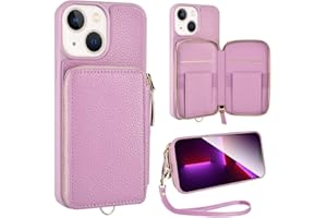 ZVE iPhone 13 Wallet Case with RFID Blocking Card Holder, Zipper Leather Case with Wrist Strap, Handbag Carry Case Cover for Women for iPhone 13 6.1" (2021)- Taro Purple
