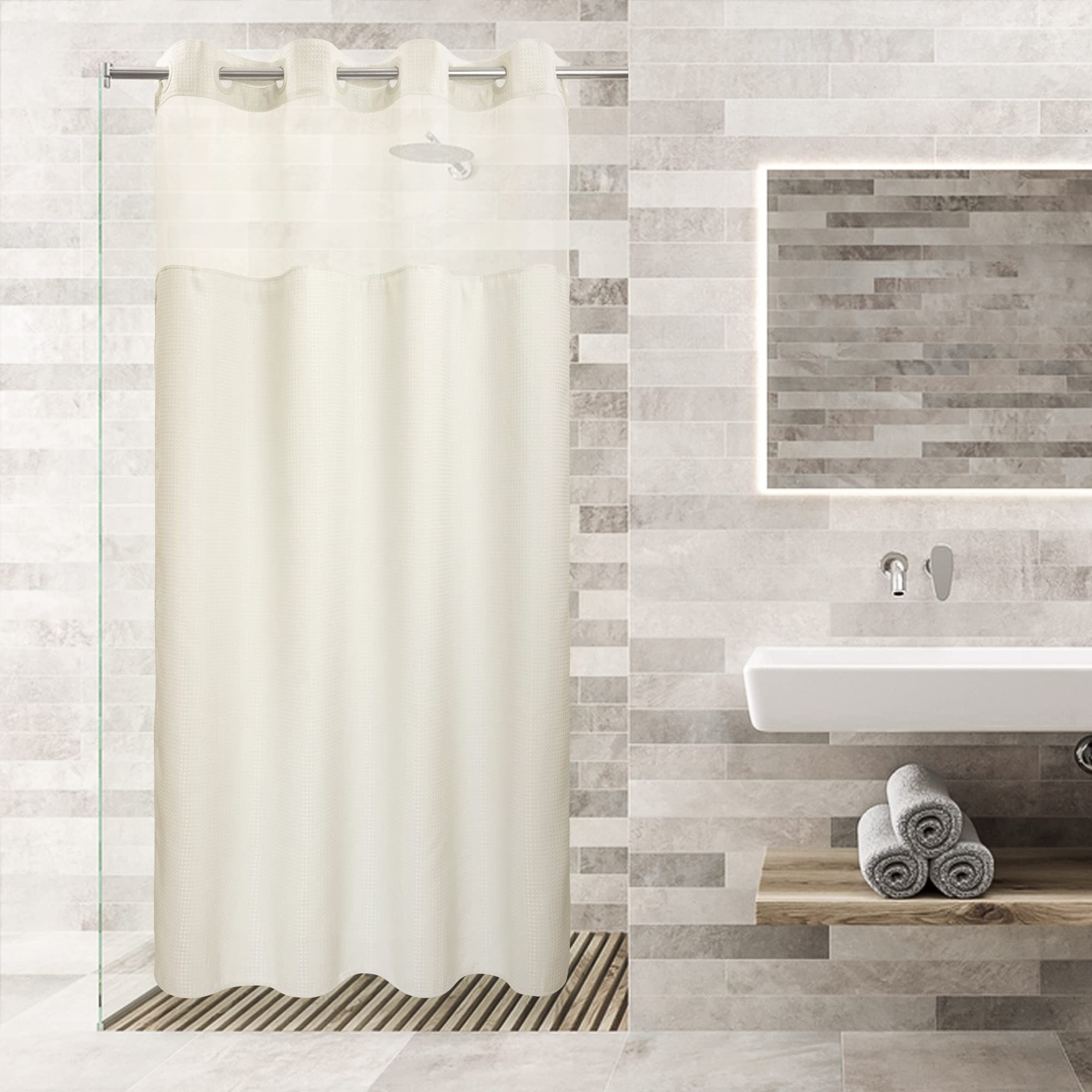 River Dream Heavyweight No Hooks Required Dotted Waffle Weave Shower Curtain with Snap in Liner -Stall 54W x 80H,Hotel Grade,Spa Like Bath Curtain,Cream