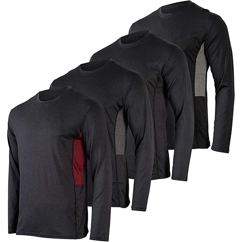 4 Pack: Men's Dry-Fit Moisture Wicking Performance Long Sleeve T-Shirt, UV Sun Protection Outdoor Active Athletic Crew Top