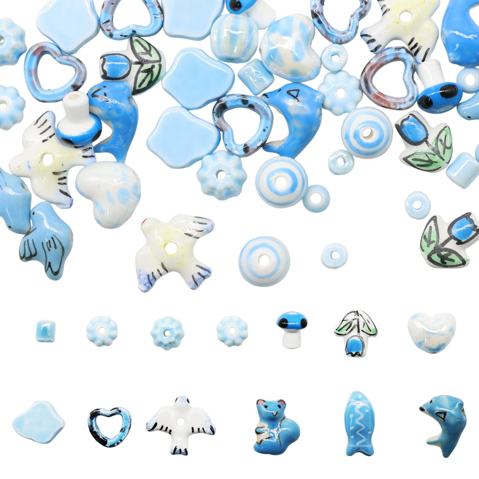 Photo 1 of Decoendiy 50pcs Ceramic Flower & Animal Shaped Beads, Heart Star Shapes, Handmade Porcelain Painted, Loose Spacer Beads for Jewelry Making DIY Crafts