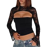 Women Sexy Lace Long Sleeve Shirt Y2k See Through Slim Fit Crop Top Lace Layering Blouse Trendy Streetwear
