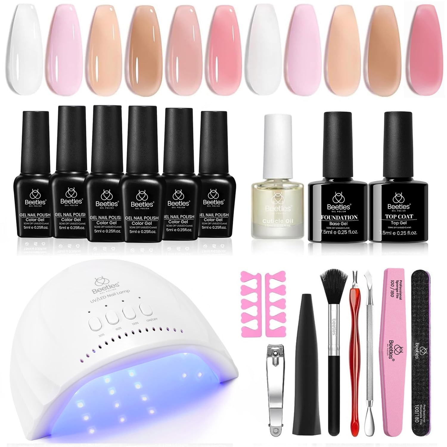 Beetles Gel Polish Starter Kit, 6 Colours Salon Set with 48W UV Nail Lamp Transparent Jelly Milky White Pink Nude Gel Nail Polish with Base Top Coat Manucure Art Gift for Her